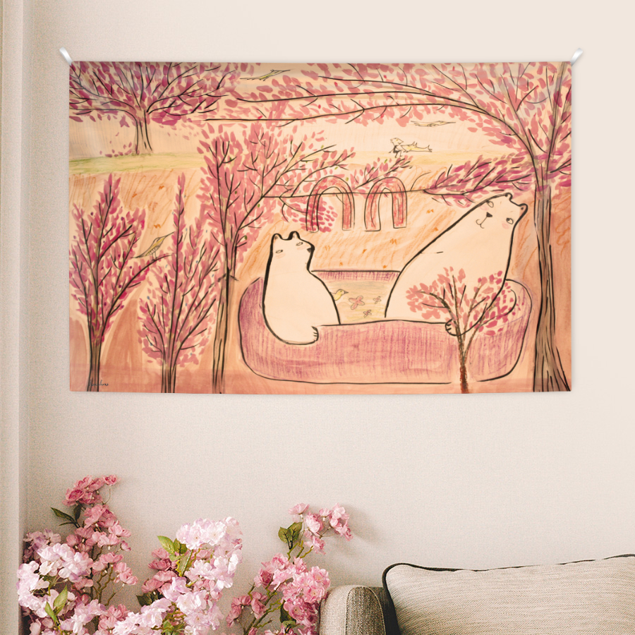 벚꽃나무 아래 북극곰 레몬루나 천 패브릭 포스터